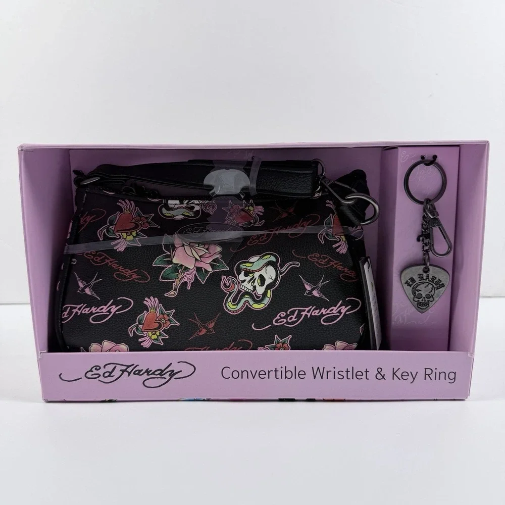 Ed Hardy Heart Skull‎ Convertible Wristlet Crossbody w/ Key Ring Gift Set NIB